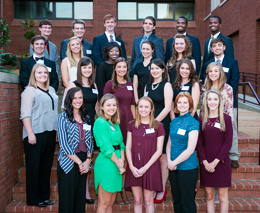 MSU’s new Society of Scholars inductees include, (first row, l-r) Ashley Shook, Madison Milhoan, Mary Linda Remley, Kellie Mitchell, Sydney Duran; (second) Caitlin Henley, Patricia Sloan, Claire Winesett, Taylor Graham, Chandler Wavro, Rebecca Griffith; (third) Andrew Collins, Sydney Rodkey, Destini Smith, Emily Williams, Meredith Pearson, Tyler Smith; and (fourth) Alex Ward, Ryan Williams, Maxwell Moseley, Nicholas Lee, Malcolm Brooks, Hannibal Brooks. (Photo by Russ Houston)