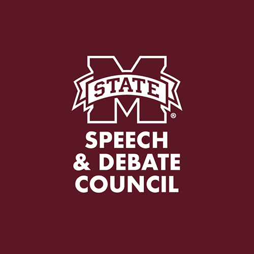 Maroon and white logo for MSU's Speech and Debate Council