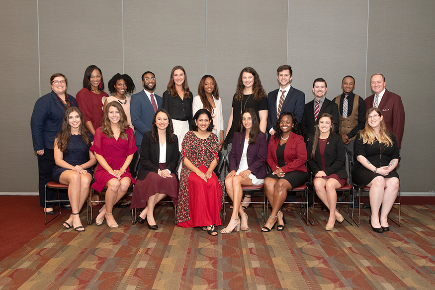 Pictured with MSU President Mark E. Keenum (back row, far right) and Vice President for Student Affairs Regina Young Hyatt (back row, far left) are the 2019 Spirit of State Award recipients. They include (front row, left to right) Reagan Moak, Taylor Parsons, Sarah Avera, Meenakshi Das, Anastasia Rentouli, Jonnese Goings, Kali Hicks, Alana Knowles; (back row, left to right) Mayah Emerson, Sydney Reed, Stanley Blackmon Jr., Jennifer Ware, Meghin Smith, Shelby Baldwin, Grey Garris, Reginald Roakes and Dee Stegall. (Photo by Beth Wynn)