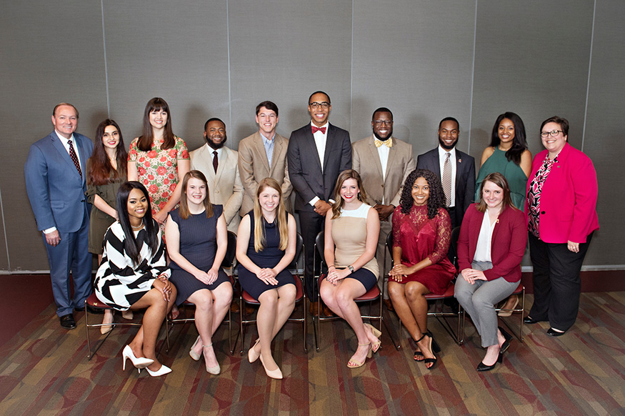 Pictured with MSU President Mark E. Keenum (back row, far left) and Vice President for Student Affairs Regina Young Hyatt (back row, far right) are the 2018 Spirit of State Award recipients. They include (front row, left to right) Ze’Erica Duncan, Margaret Davis, Emily Turner, Tyler McMurray, Chasten McCrary and Betty Thomas; (back row, left to right) Mariam Khmaladze, Lauren Blalock, Jailand Williams, Nicholas Cobb, Suede Graham, Nicolas Harris, Roger Davis Jr. and Phyliceia Brown. (Photo by Megan Bean)