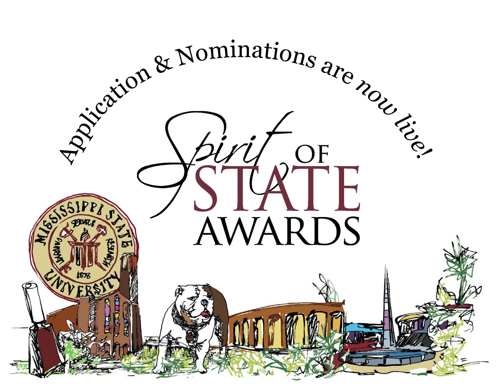 Spirit of State Awards graphic with images of a cowbell, Bulldog, MSU presidential seal, the Chapel of Memories and the Hunter Henry Center 