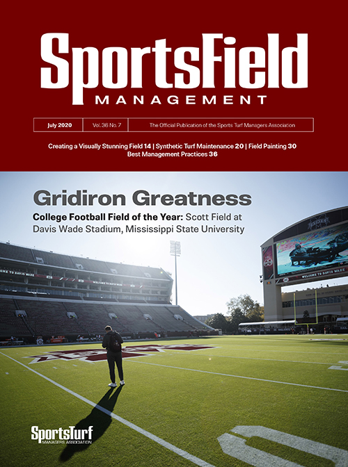 July 2020 cover of SportsField Management magazine featuring Mississippi State’s award-winning Scott Field at Davis Wade Stadium