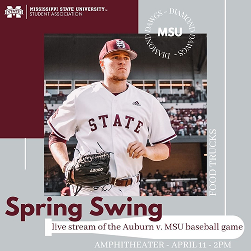 Maroon, white and gray graphic with image of an MSU baseball player jogging onto the field