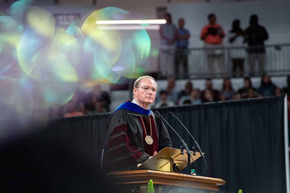 MSU President Mark E. Keenum delivers remarks during one of two commencement ceremonies Friday at Humphrey Coliseum. 
