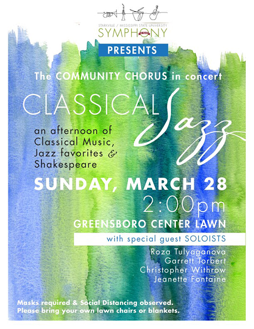 Graphic with blue and green paint streak pattern promoting the Starkville/MSU Symphony Association's Classical Jazz concert
