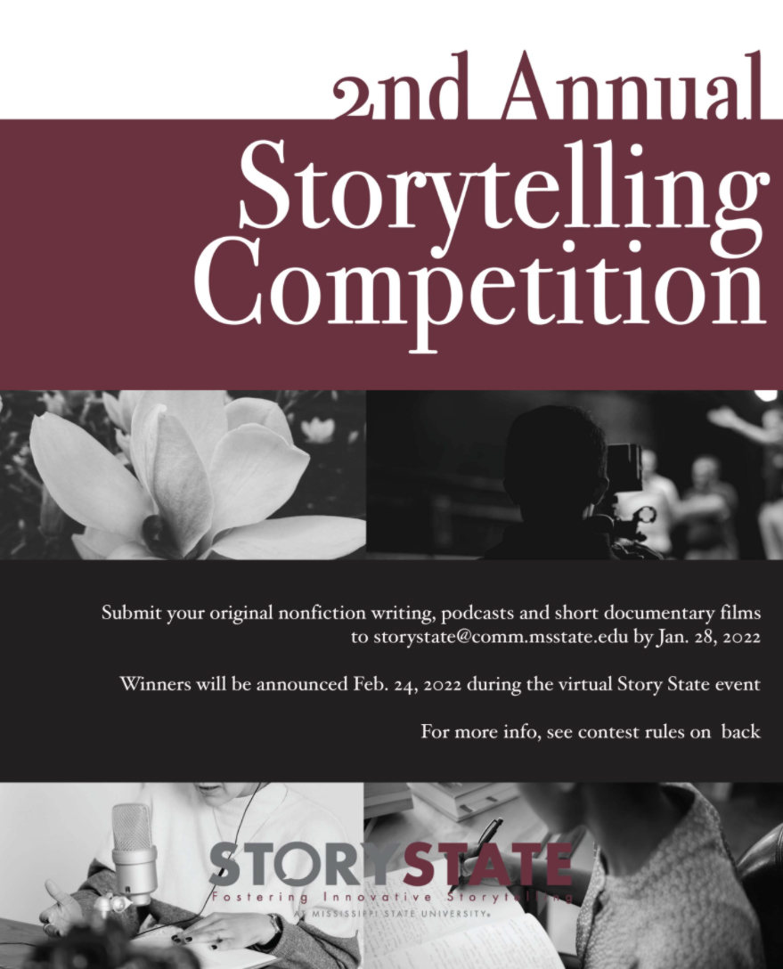 Maroon and white graphic promoting MSU's Story State storytelling competition