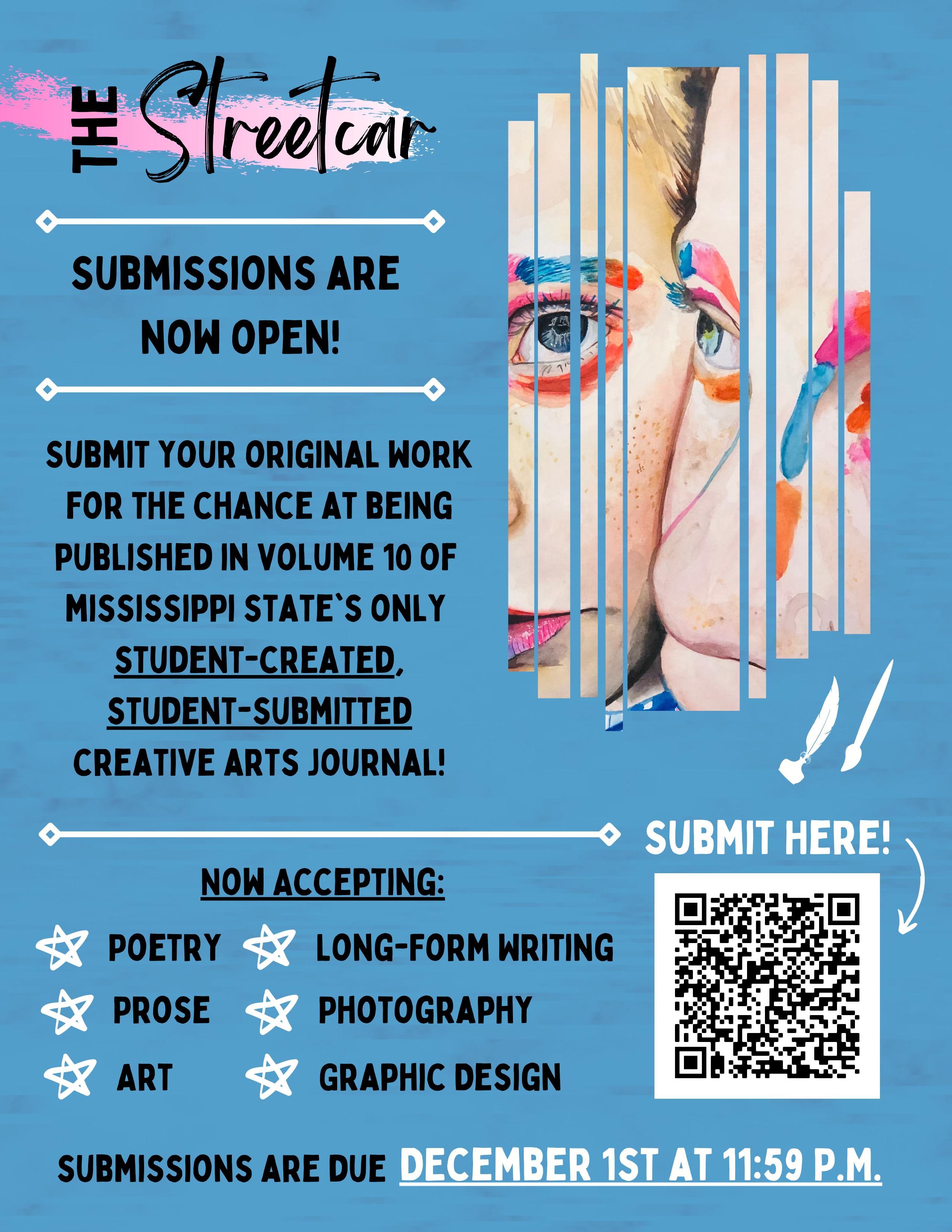 Blue graphic with details about submissions for The Streetcar, MSU's student-produced creative arts journal