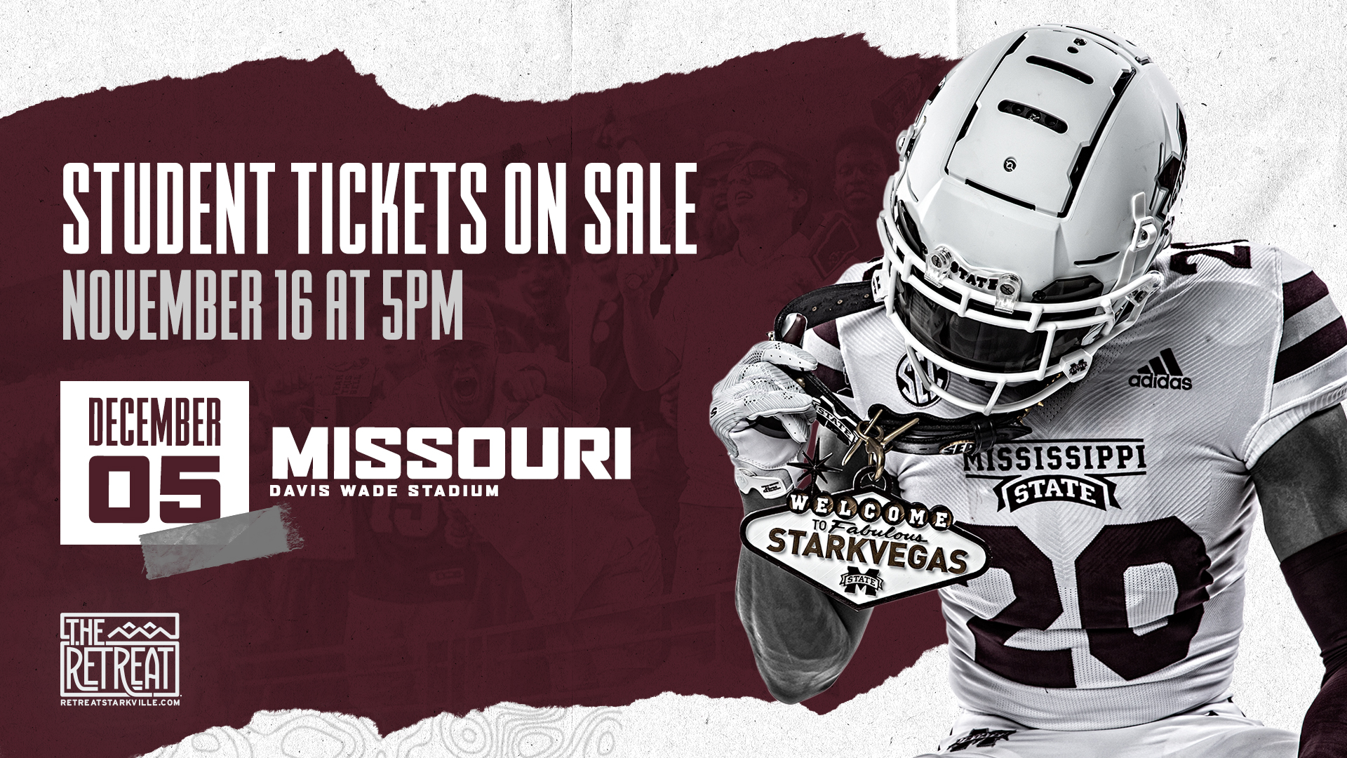 Maroon and white graphic of an MSU football player wearing a "Welcome to Starkvegas" dog collar