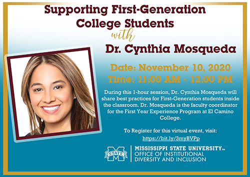 Maroon, blue, yellow and white graphic with a picture of Cynthia Mosqueda