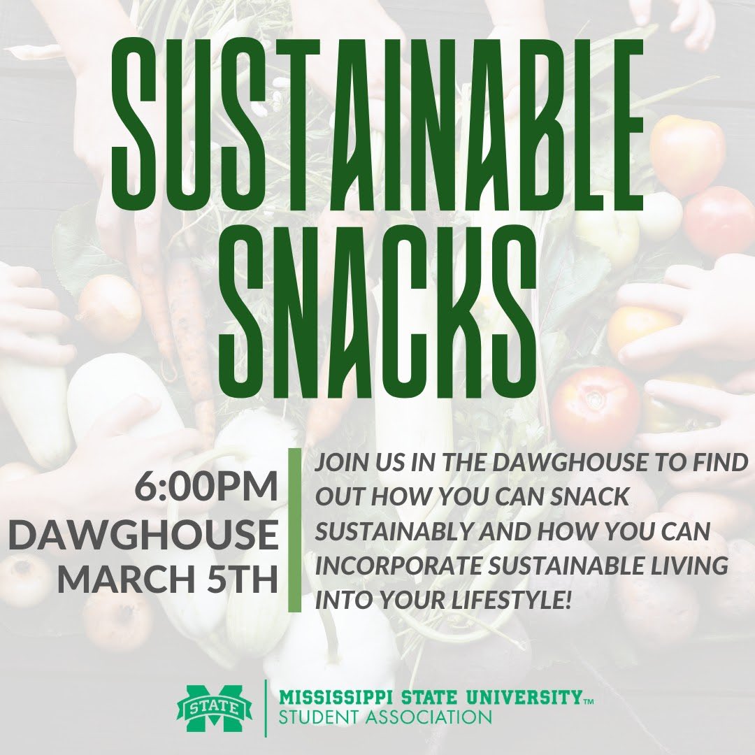 Promotional graphic for MSU Student Association's Sustainable Snacks event