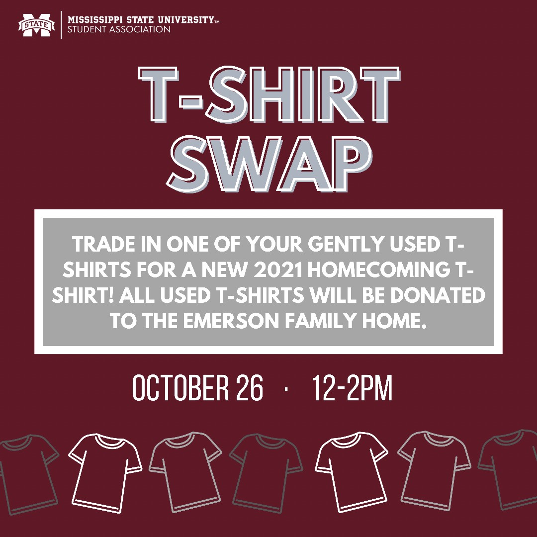 Maroon and white Homecoming T-Shirt Swap graphic with images of white and gray T-shirts