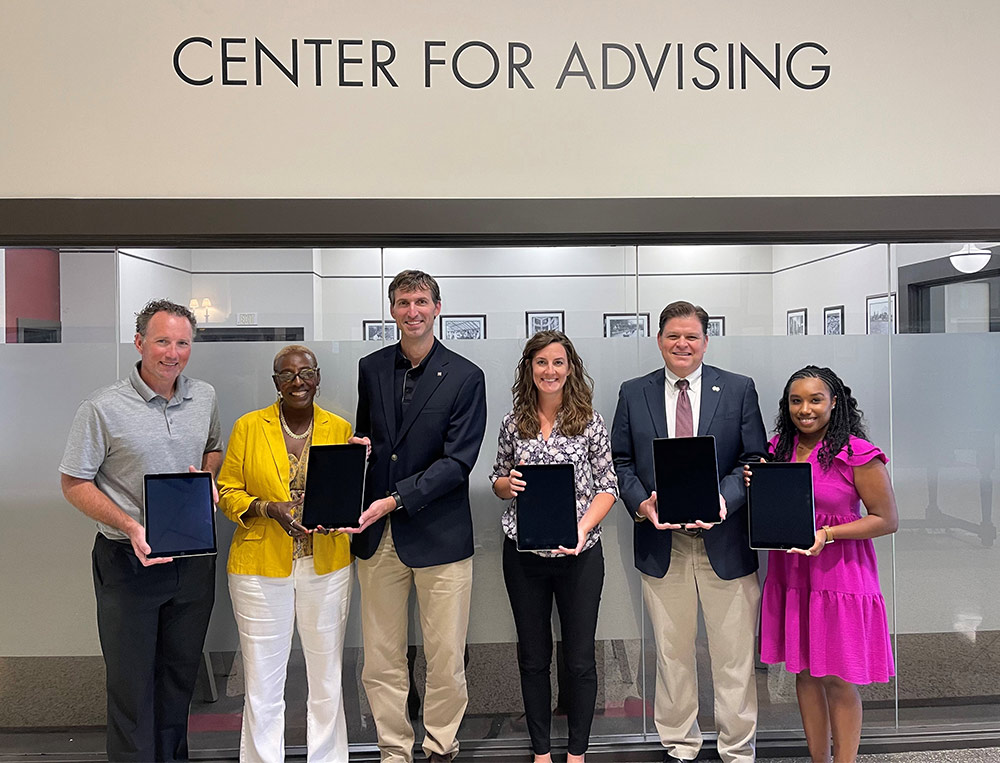 Pictured (l-r) Starkville Utilities General Manager Edward Kemp; TVA Community Relations Specialist Carolyn Ward; TVA Customer Service Manager Josh Wooten; MSU Center for Advising Executive Director Sawyer Bowering; Assistant Vice President for Student Success Eric Moyen; and Student Success Coordinator Shandell Lewis. 