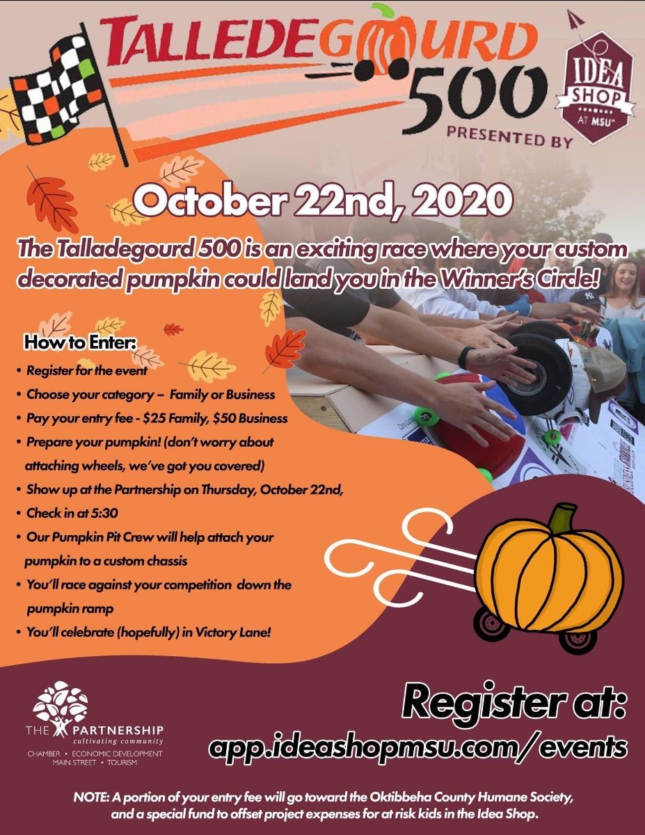 Graphic promoting the MSU Idea Shop's "Talledegourd 500" pumpkin racing event