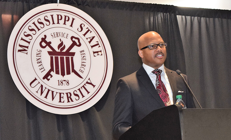 Mississippi Deputy Commissioner of Higher Education Marcus L. Thompson was the keynote speaker for the 25th Annual Dr. Martin Luther King Jr. Unity Breakfast held at The Mill at MSU Conference Center on Monday, Jan. 21. Thompson delivered a message of hope, unity and service. Over 1,500 people attended the event. (Photo by Sid Salter)
