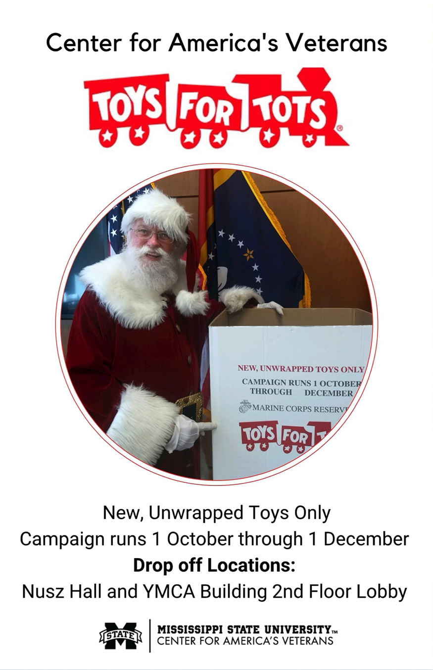 Toys for Tots Drive graphic with image of retired MSU instructor Mike Goree dressed as Santa at MSU's G.V. "Sonny" Montgomery Center for America's Veterans