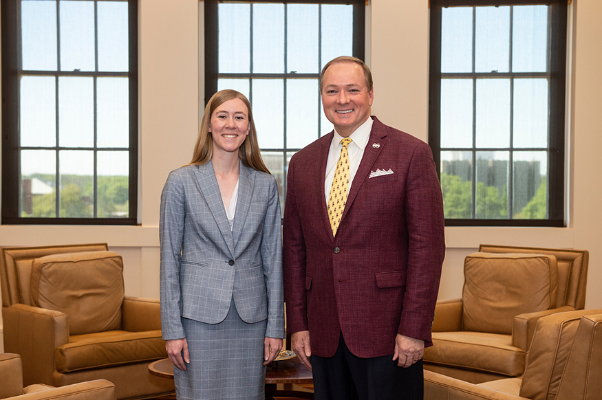 Alicia Brown, a senior chemical engineering major from Petal, is congratulated by MSU President Mark E. Keenum for being named the university’s 19th recipient of the prestigious Harry S. Truman Scholarship. (Photo by Logan Kirkland)