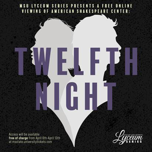 MSU Lyceum Series "Twelfth Night" graphic with gray silhouettes