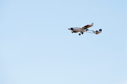 The TigerShark flies through the air at the Greenwood-Leflore County Airport, which has hosted MSU’s acceptance flights for the aircraft. (Photo by Beth Wynn)