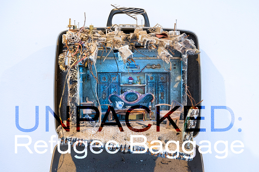 Promotional postcard for "UNPACKED: Refugee Baggage" multi-media exhibition at MSU