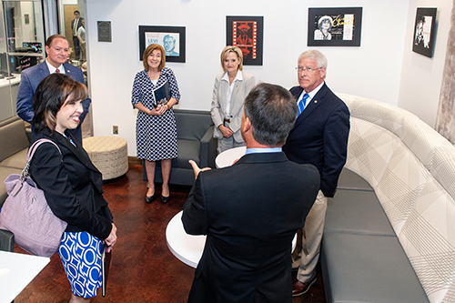Receiving a tour of Mississippi State’s Center for Entrepreneurship and Outreach from Director of Outreach Jeffrey Rupp (foreground) on Aug. 13 are, from left, USDA Assistant to the Secretary for Rural Development Anne Hazlett; MSU President Mark E. Keenum; USDA Rural Business-Cooperative Service Administrator Bette Brand; Sen. Cindy Hyde-Smith; and Sen. Roger Wicker. (Photo by Beth Wynn) 