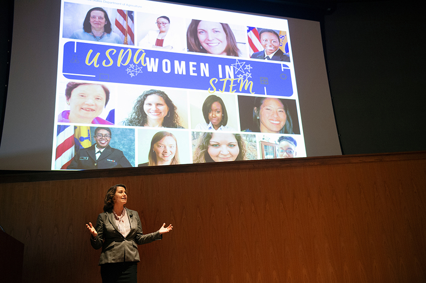 Mindy M. Brashears, U.S. Department of Agriculture Deputy Under Secretary for Food Safety, speaks to Mississippi State students during a Friday [March 29] lecture in McCool Hall’s Taylor Auditorium. (Photo by Megan Bean)