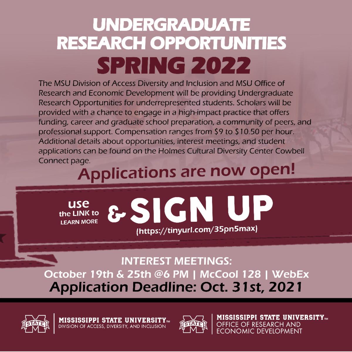Maroon graphic with details about interest meetings for MSU's spring 2022 undergraduate research opportunities