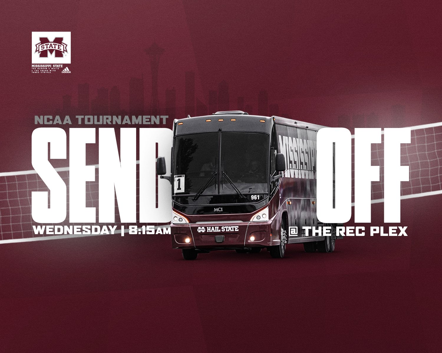 Maroon and white MSU Volleyball NCAA Tournament Send-Off graphic with image of a Hail State bus
