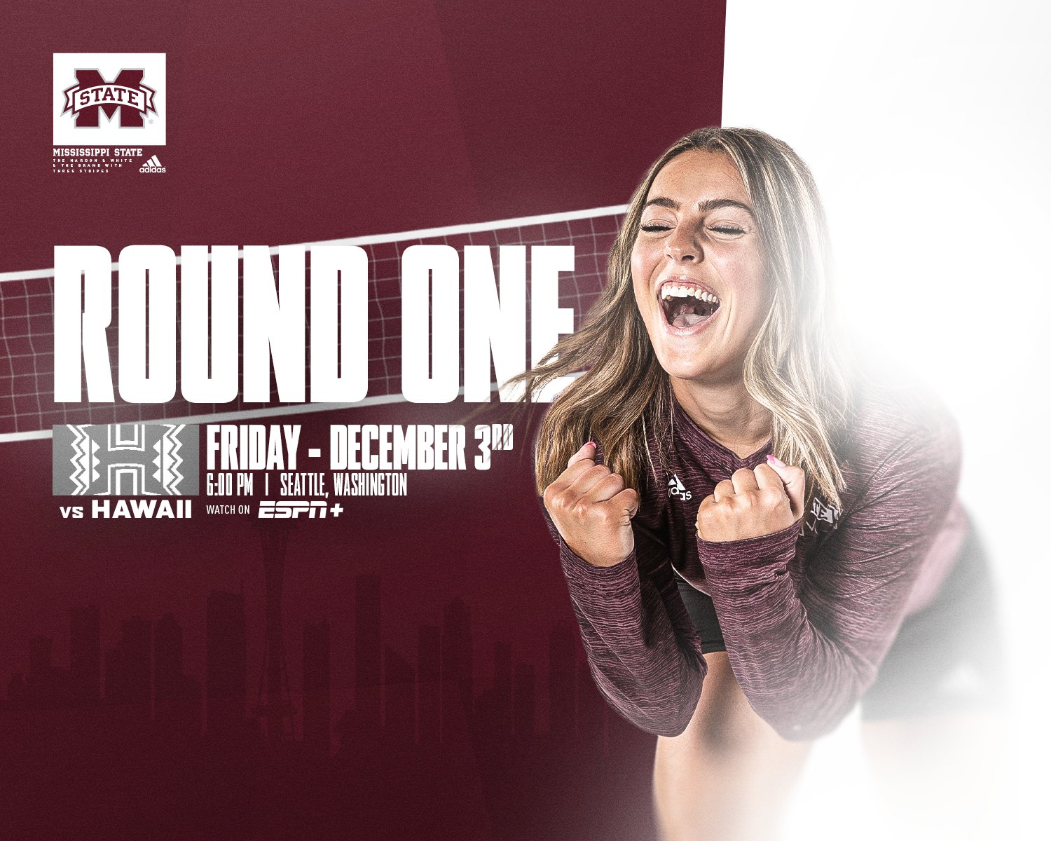 Maroon and white graphic announcing Round One match between MSU and Hawaii in the NCAA Volleyball Tournament
