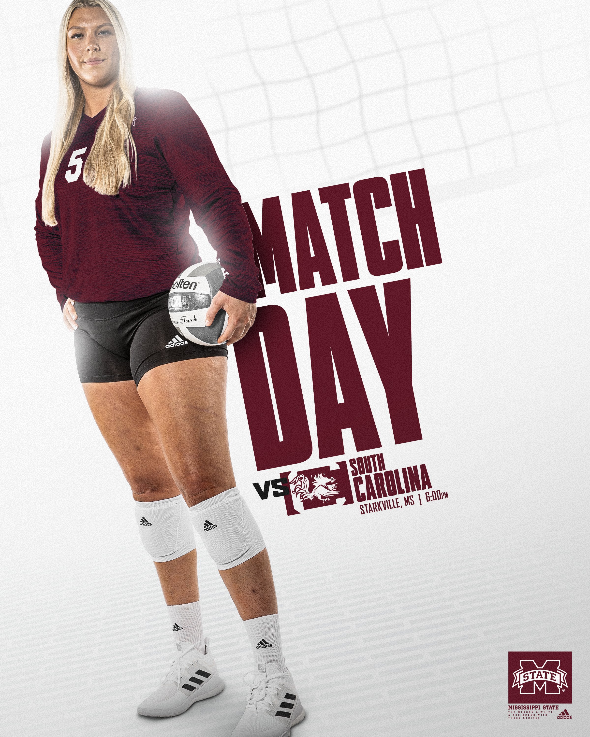 Maroon and white Match Day graphic with an image of MSU volleyball player Jessica Kemp