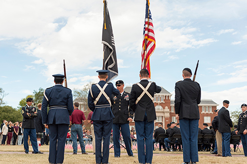 Mississippi State University will honor veterans throughout the week leading up to Veterans Day. Among activities are the annual Veterans Recognition Ceremony on MSU’s historic Drill Field and the military appreciation ceremony during the MSU football game against the University of Alabama on Nov. 11. (Photo by Robert Lewis)