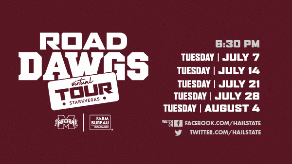 Maroon and white graphic with dates for MSU Athletics' Virtual Road Dawgs Tour