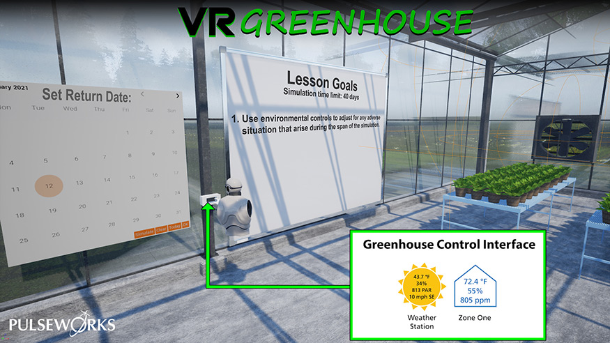 Prototype of virtual greenhouse in development shows the inside of a greenhouse with plants and information boards 