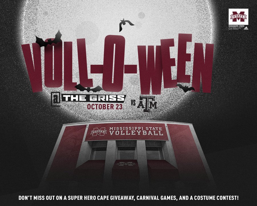 Maroon, white and black "Voll-O-Ween" graphic with a front view of MSU's Newell-Grissom Building, home to MSU Volleyball