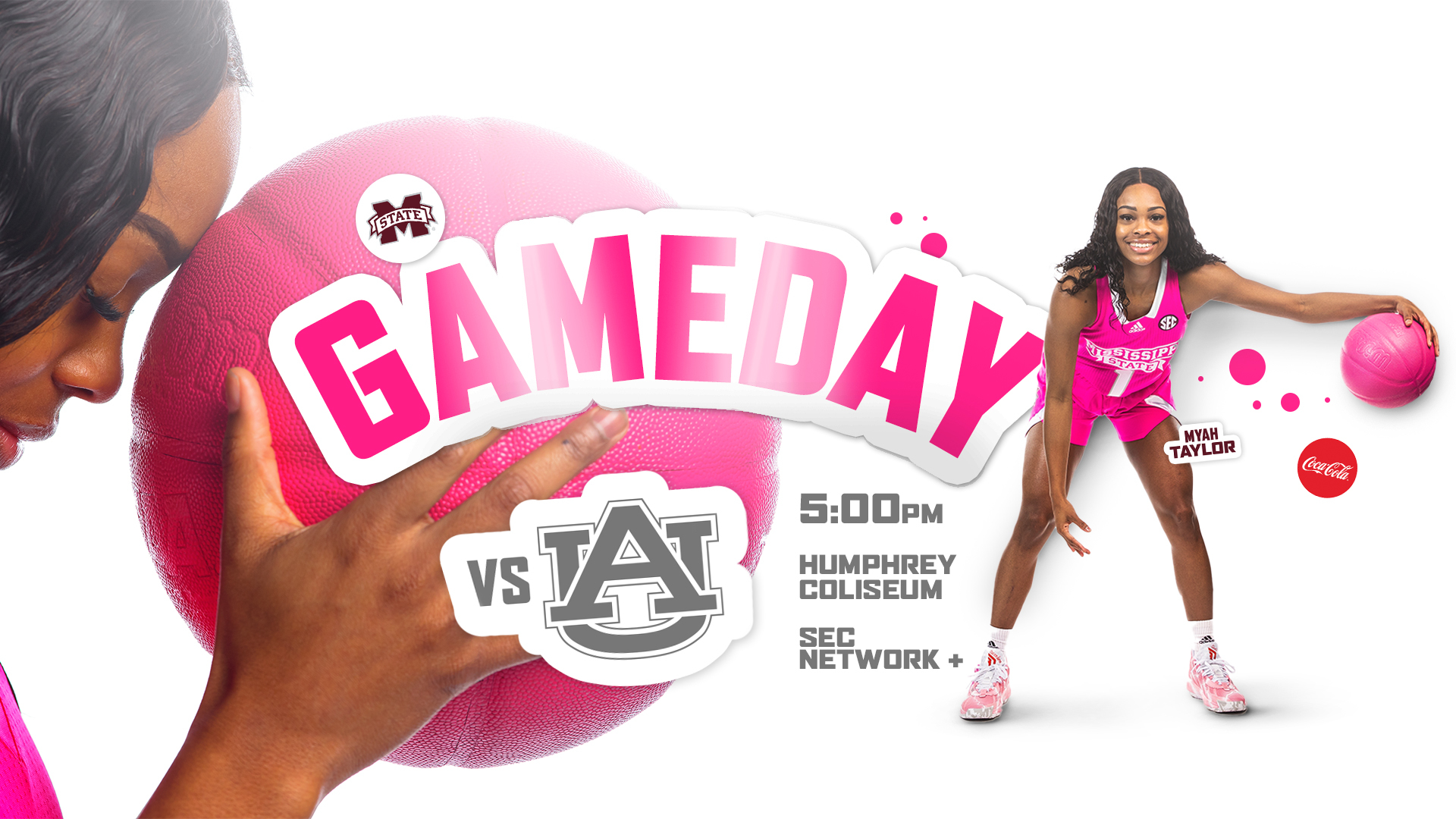 Gameday graphic with MSU women's basketball player Myah Taylor resting her forehead on a bright pink basketball