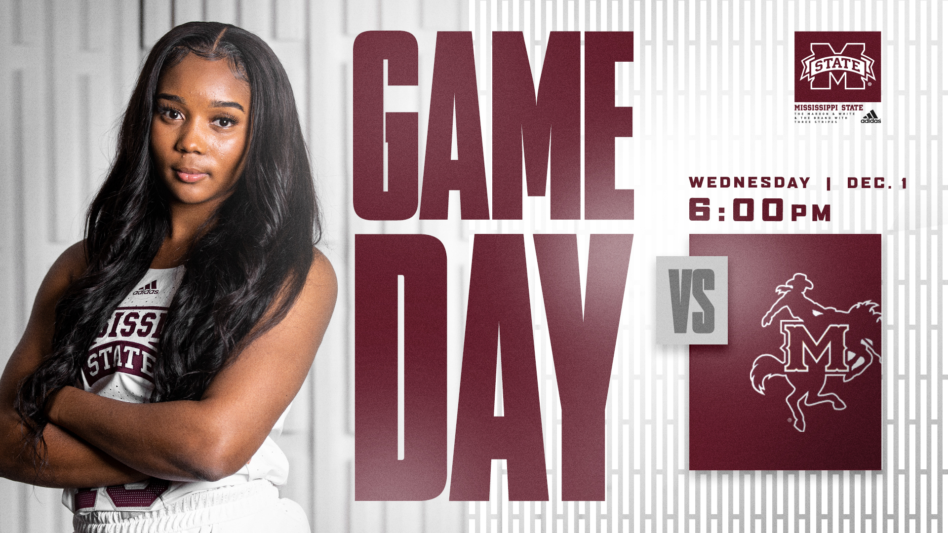 Maroon and white game day graphic with image of MSU women's basketball player Aislynn Hayes