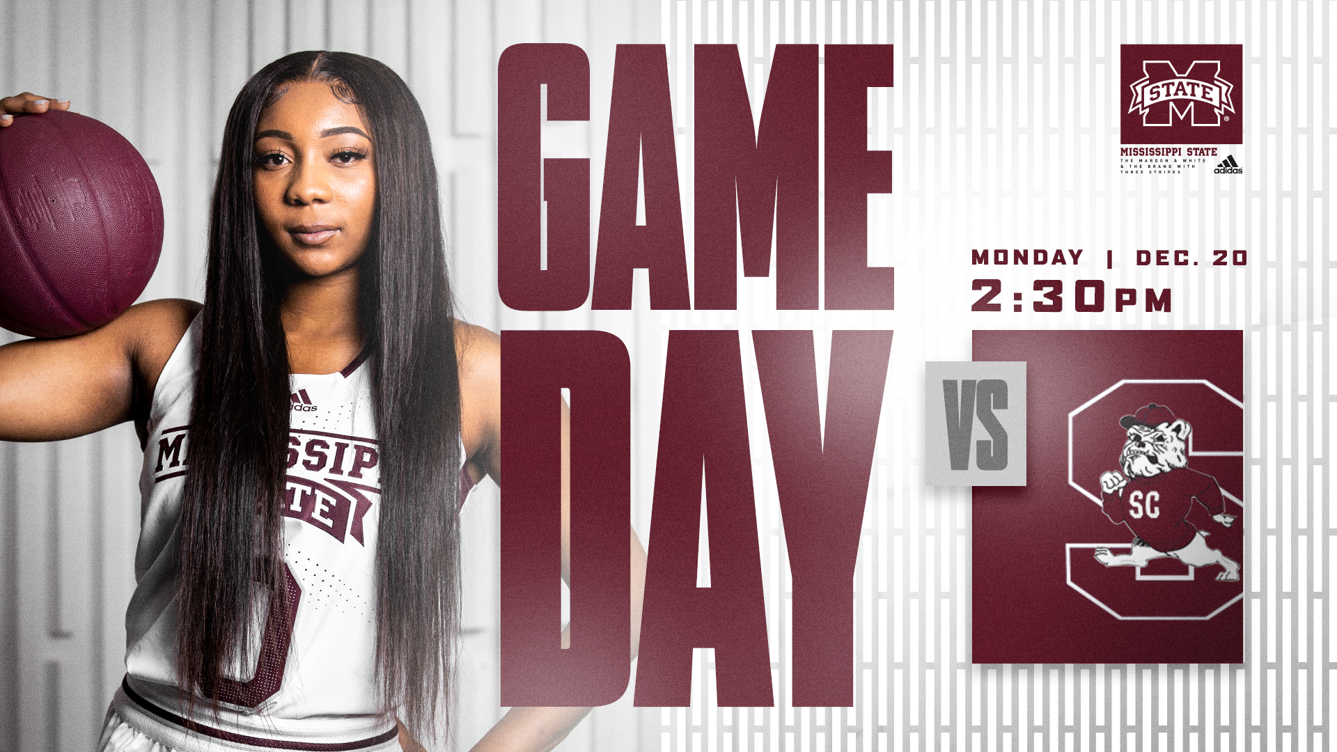 Maroon and white game day graphic with image of MSU women's basketball player Anastasia Hayes