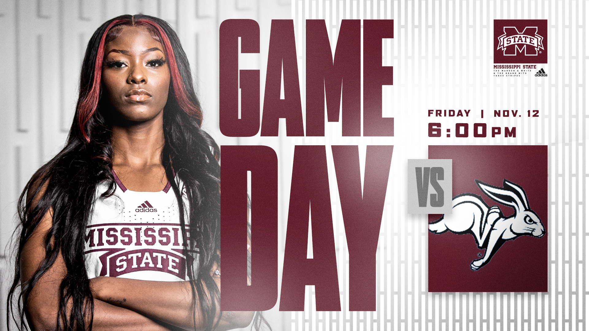 Maroon and white "Game Day" graphic with image of MSU women's basketball player Rickea Jackson