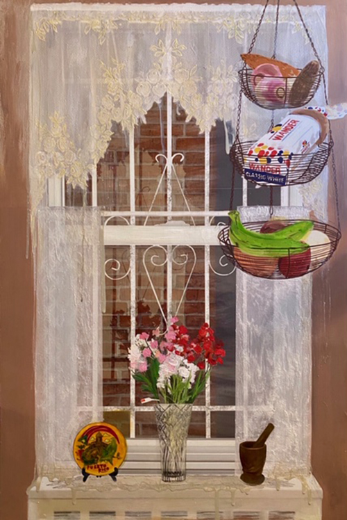 Black baskets of "Wander Bread" and green bananas are pictured hanging above a bouquet of pink, red and white flowers in front of a large, white-curtained window