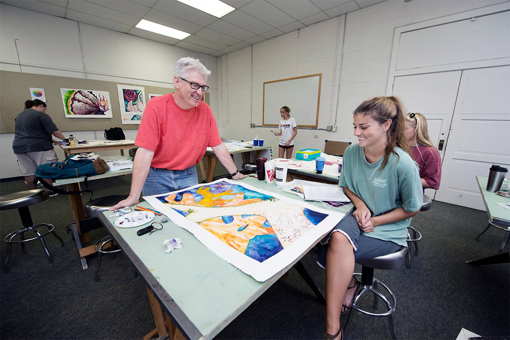 Funderburk pictured with students in his MSU watercolor class.
