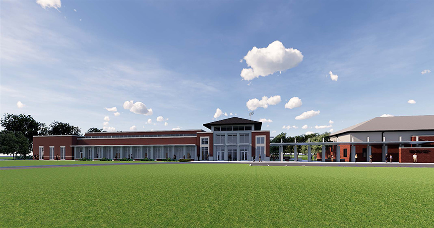 An architectural rendering shows Mississippi State’s new 37,000-square-foot music building with green grass in front and a blue sky above.