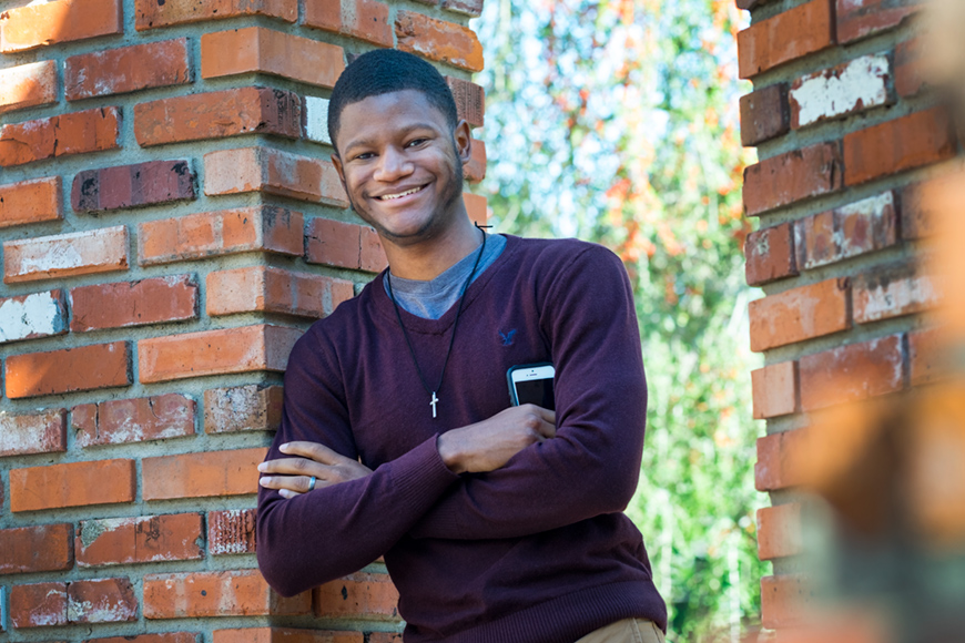 Terence Williams, an MSU senior from Oakland, developed “Bully Walk,” an app he hopes will help incoming freshmen, as well as other campus visitors, learn their way around campus. (Photo by Russ Houston)