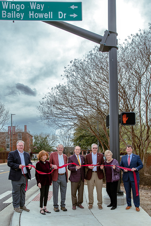 Pictured at the February ribbon-cutting ceremony, left to right, are Executive Director for the MSU Alumni Association Jack McCarty, Gloria Wingo, Turner Wingo, MSU President Mark E. Keenum, Dean Wingo, Lauran Wingo, and MSU Vice President for Development and Alumni John Rush. 