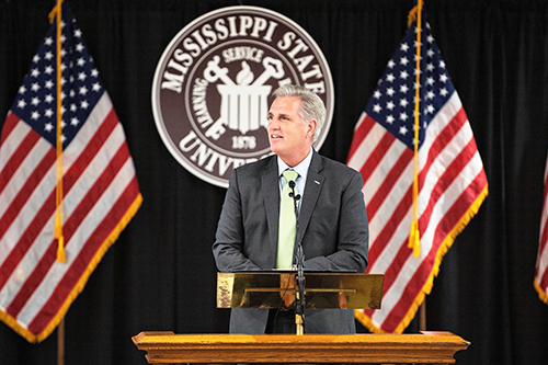 U.S. House Majority Leader Kevin McCarthy delivers the keynote address during Friday’s [Oct. 5] ceremony to donate the papers of U.S. Rep. Gregg Harper to Mississippi State University. (Photo by Beth Wynn)