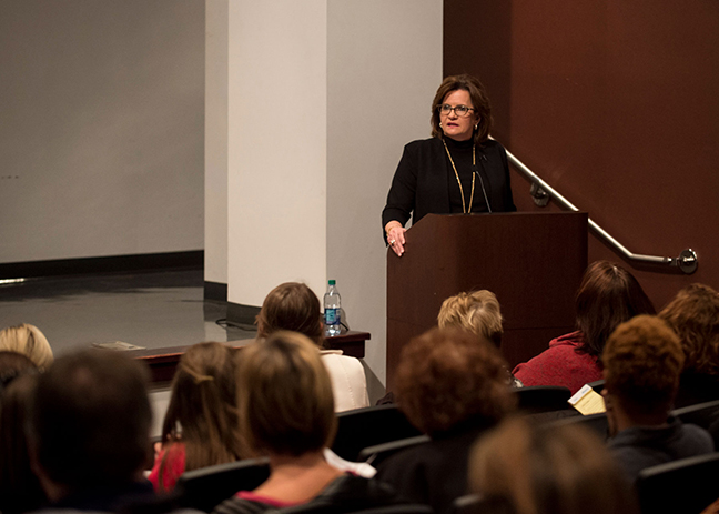 Speaking on the topic of “Fostering Confidence,” Mississippi State Vice President for Campus Services Amy Tuck helped launch a new professional development series sponsored by MSU’s Human Resources Management office. PHOTO: Mitch Phillips