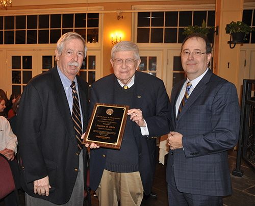 Wolverton Awardee Stephen B. Klein, left, with Robert E. Wolverton and College of Arts and Sciences Dean Rick Travis (Photo submitted)
