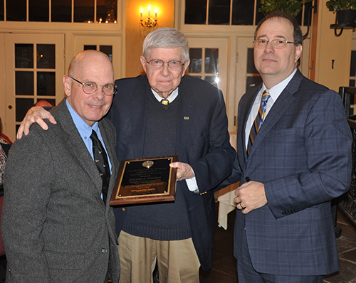 Wolverton Awardee Gerald A. Emison, left, with Robert E. Wolverton and College of Arts and Sciences Dean Rick Travis (Photo submitted)