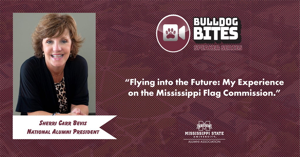 Maroon and white graphic with a photo of MSU National Alumni President Sherri Carr Bevis