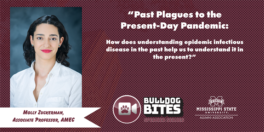 MSU Alumni Association Bulldog Bites Webinar graphic featuring a portrait of MSU AMEC Associate Professor Molly Zuckerman