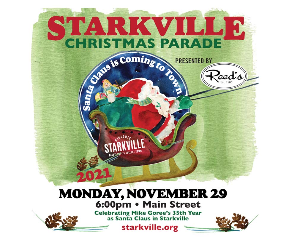 Starkville Christmas Parade graphic with Santa