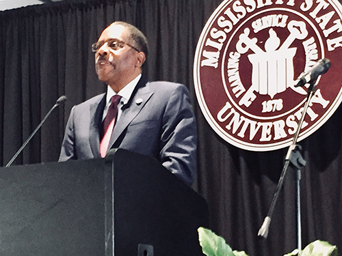 Former State Rep. Tyrone Ellis reminded the crowd of one of Martin Luther King’s profound quotes, “Everyone can be great because everyone can serve,” during MSU’s 24th annual Martin Luther King Jr. Day Unity Breakfast on Jan. 15. (Photo by Sid Salter)